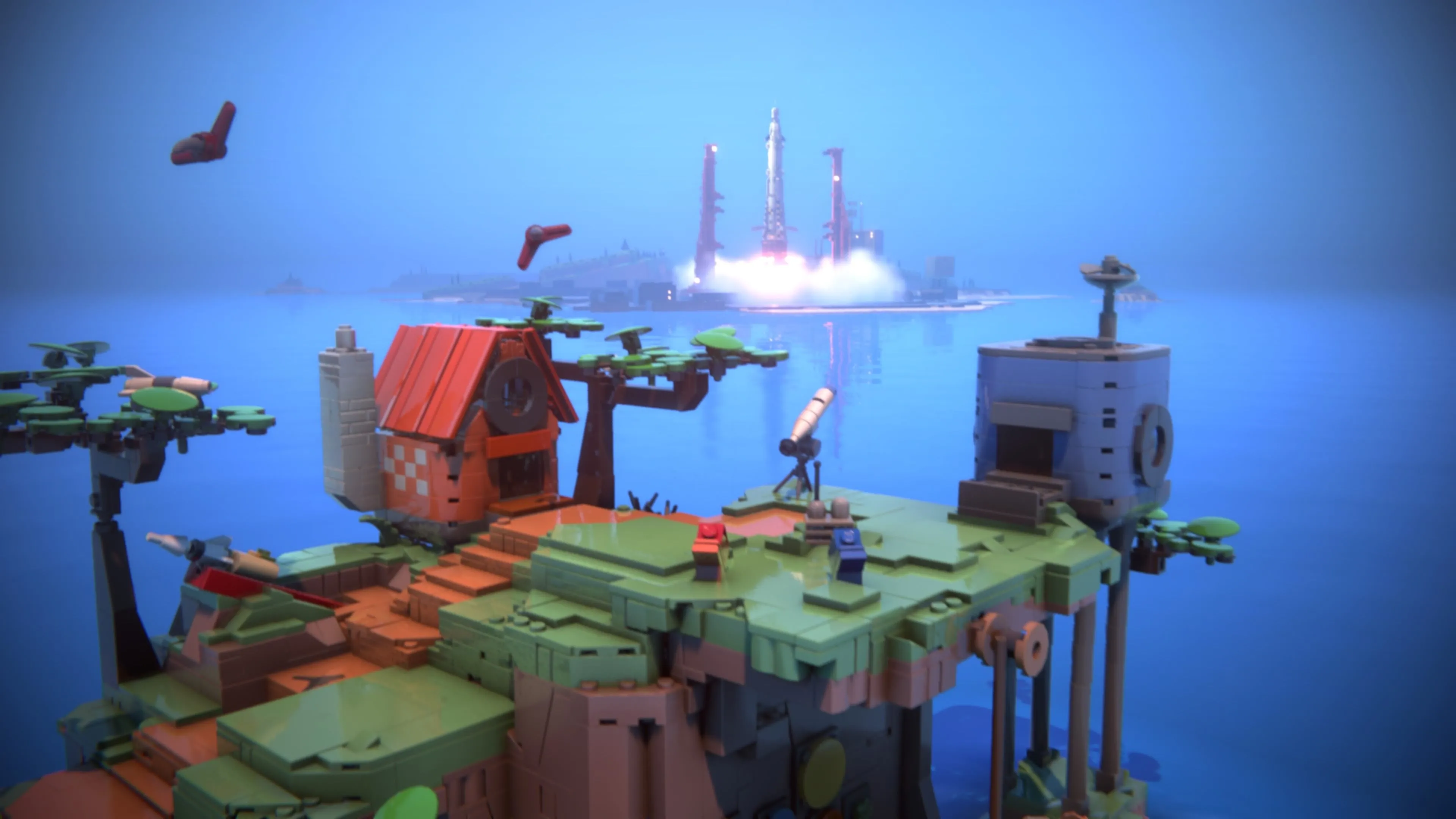 Hai khối LEGO nhân vật màu đỏ và xanh đang lăn trên một con đường lát gạch trong một khu rừng rậm rạp của LEGO Voyagers, biểu tượng cho hành trình chung.