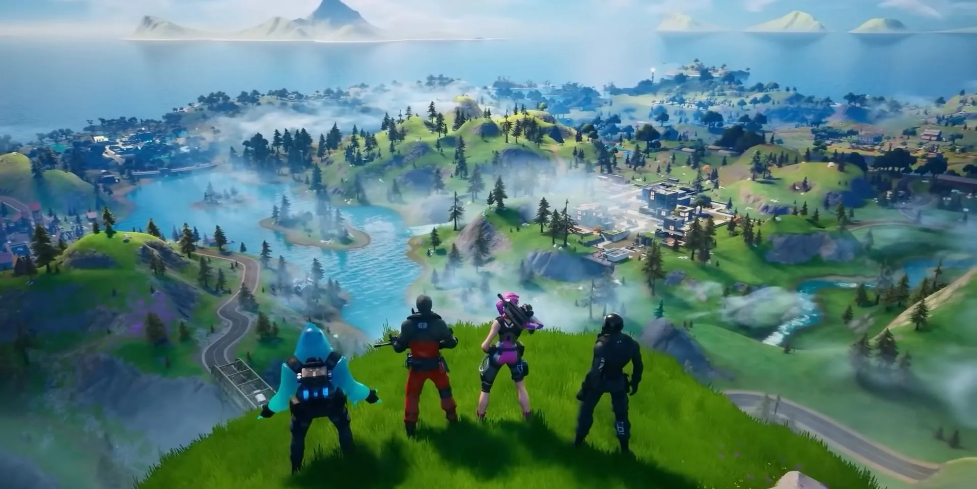 Hai nhân vật đứng trên đỉnh đồi nhìn về phía hoàng hôn, tượng trưng cho Fortnite là người chiến thắng cuối cùng trong cuộc đối đầu Battle Royale