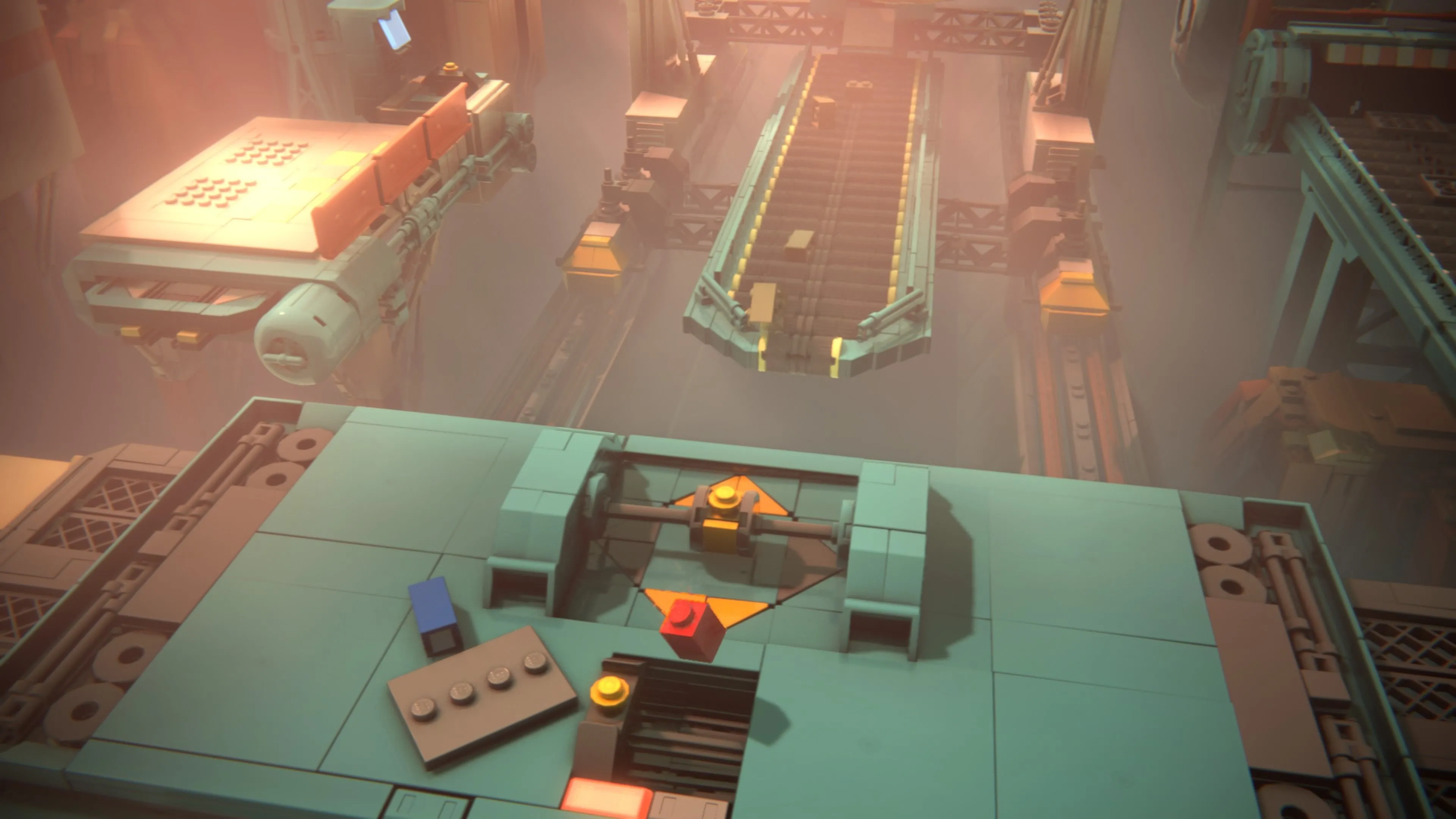 Hai nhân vật LEGO đang đu trên một chiếc xích đu nhỏ trên một hòn đảo xanh tươi, thể hiện những khoảnh khắc vui đùa, đáng yêu trong LEGO Voyagers.