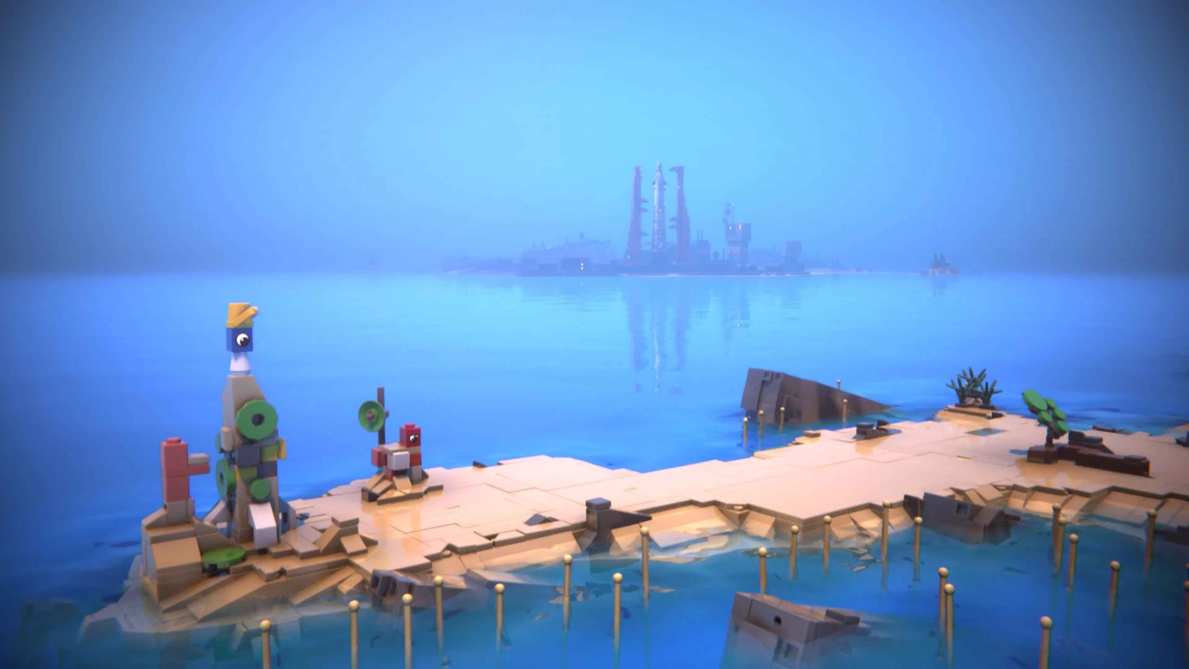 Hai nhân vật LEGO màu đỏ và xanh đang đứng cạnh nhau trong thế giới game LEGO Voyagers, chuẩn bị cho cuộc phiêu lưu co-op đầy cảm xúc.