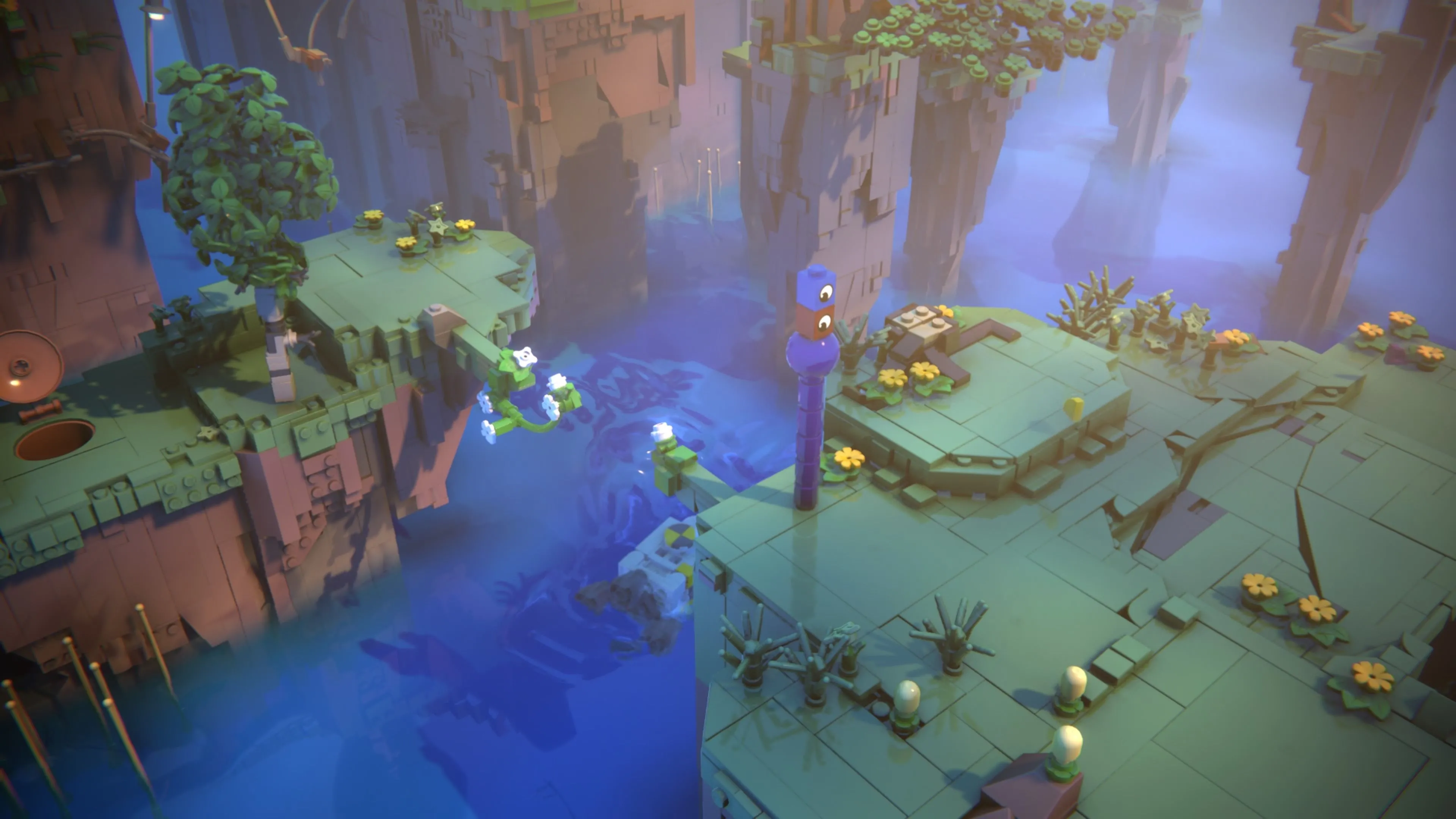 Hai nhân vật LEGO Voyagers đang chèo thuyền qua một vùng nước xanh ngọc trong một khu vực tươi sáng của game, tượng trưng cho hành trình ngắn nhưng đáng nhớ.