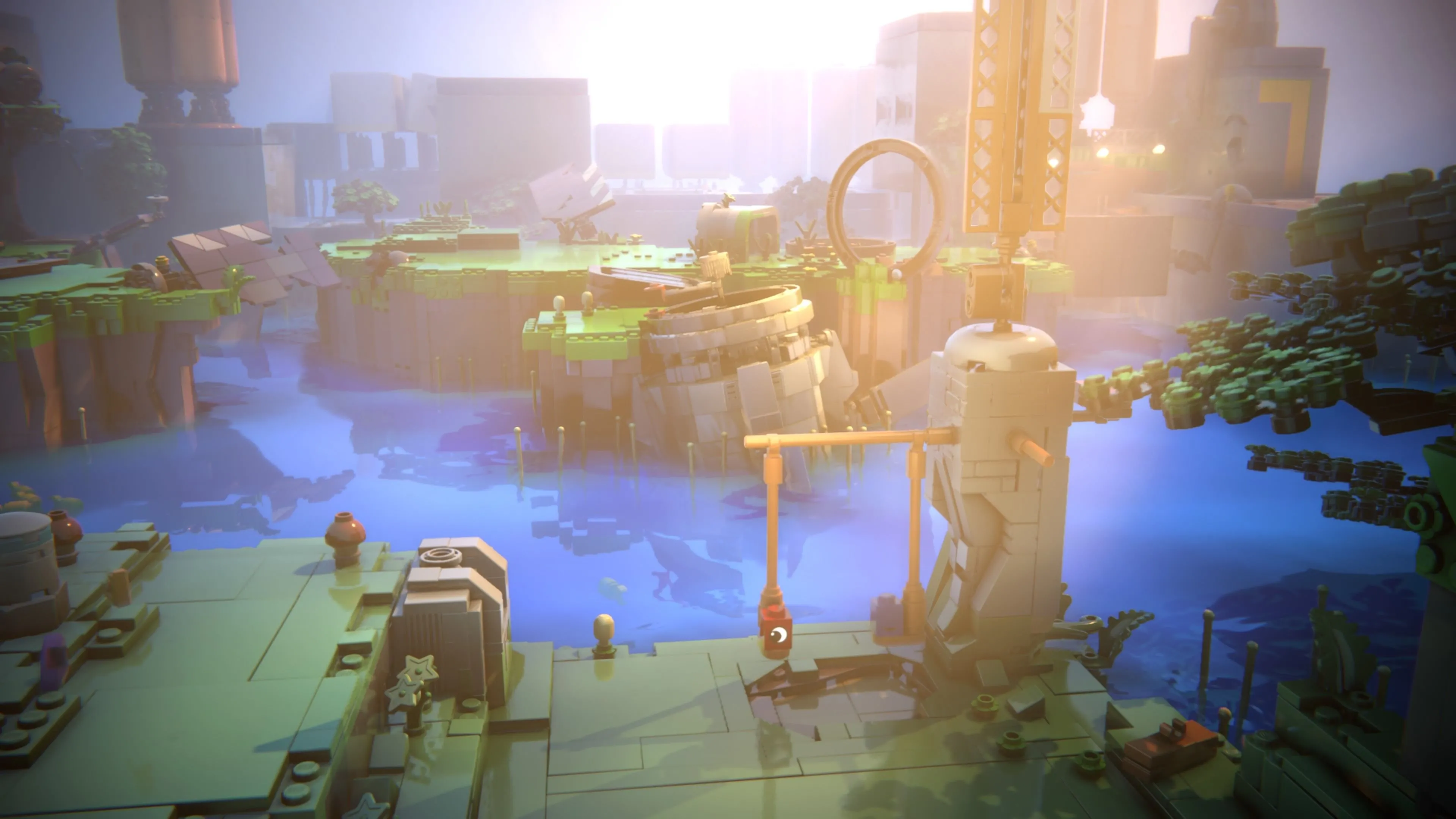 Hai nhân vật LEGO Voyagers đang lăn trên một cây cầu màu đỏ rực rỡ, bắc qua một con suối nhỏ trong môi trường game.