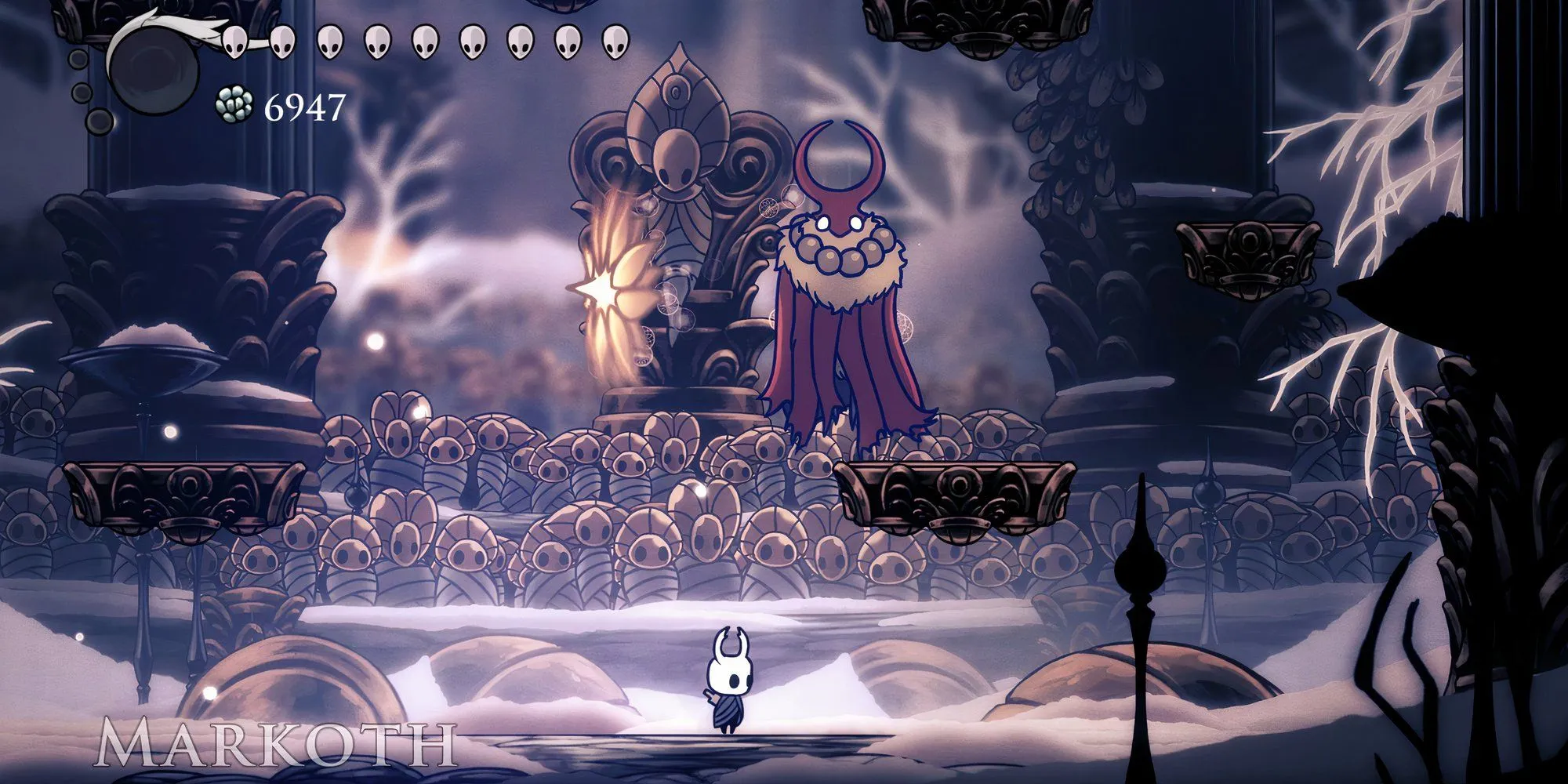 Hiệp sĩ rỗng chiến đấu với boss Markoth trong Đấu trường Godhome của Hollow Knight