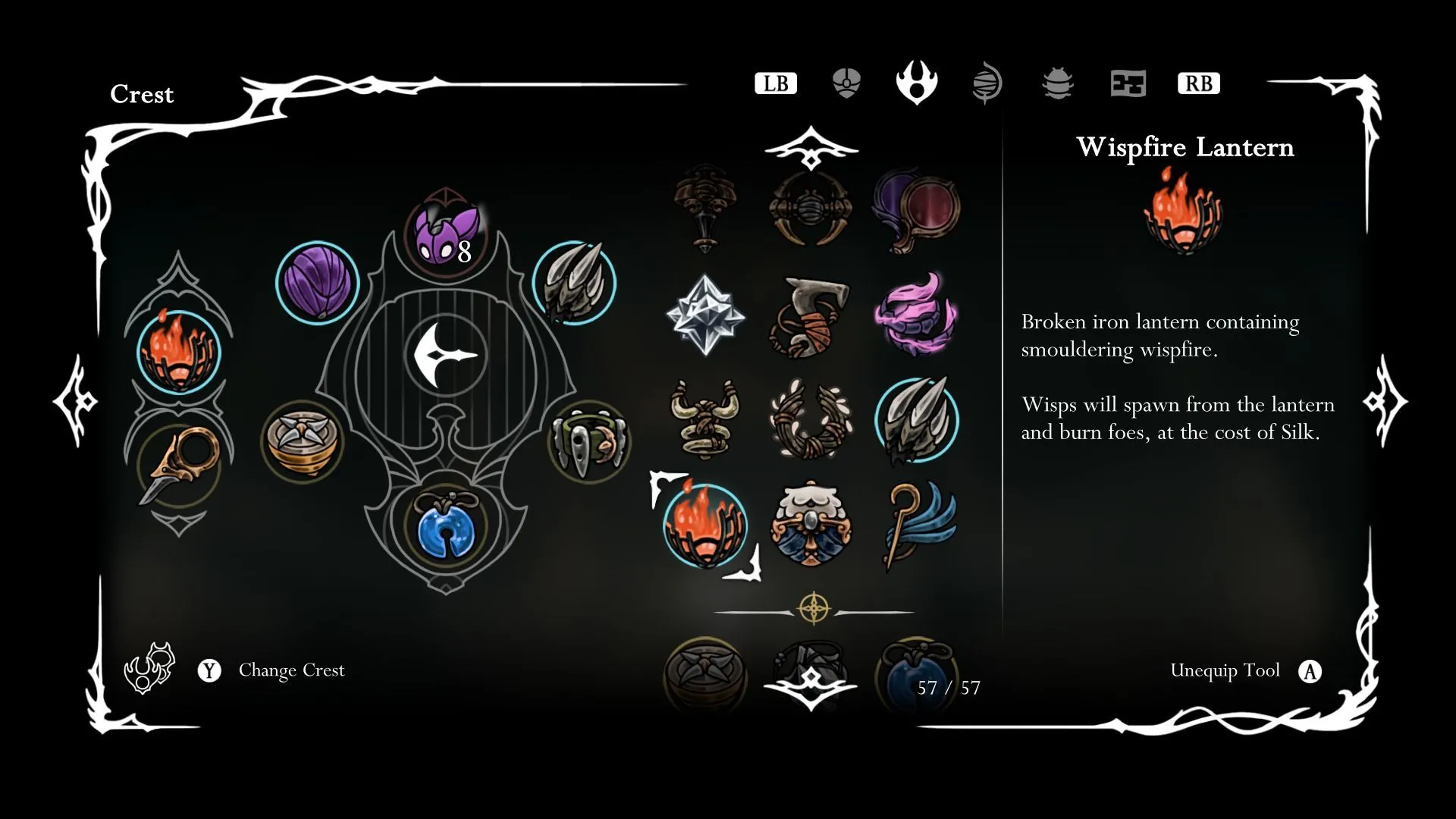 Hình ảnh Wispfire Lantern, một công cụ màu xanh trong Hollow Knight Silksong triệu hồi linh hồn lửa tự động tấn công kẻ địch, hữu ích khi đối đầu Nyleth