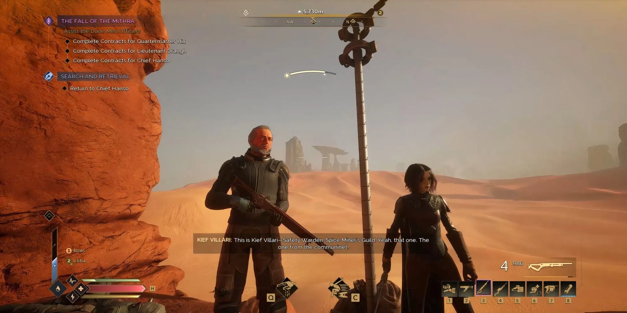 Hoàn thành hợp đồng Chief Hanso và nhận cuộc gọi từ Thanh tra An toàn Kief Vallari trong Dune Awakening