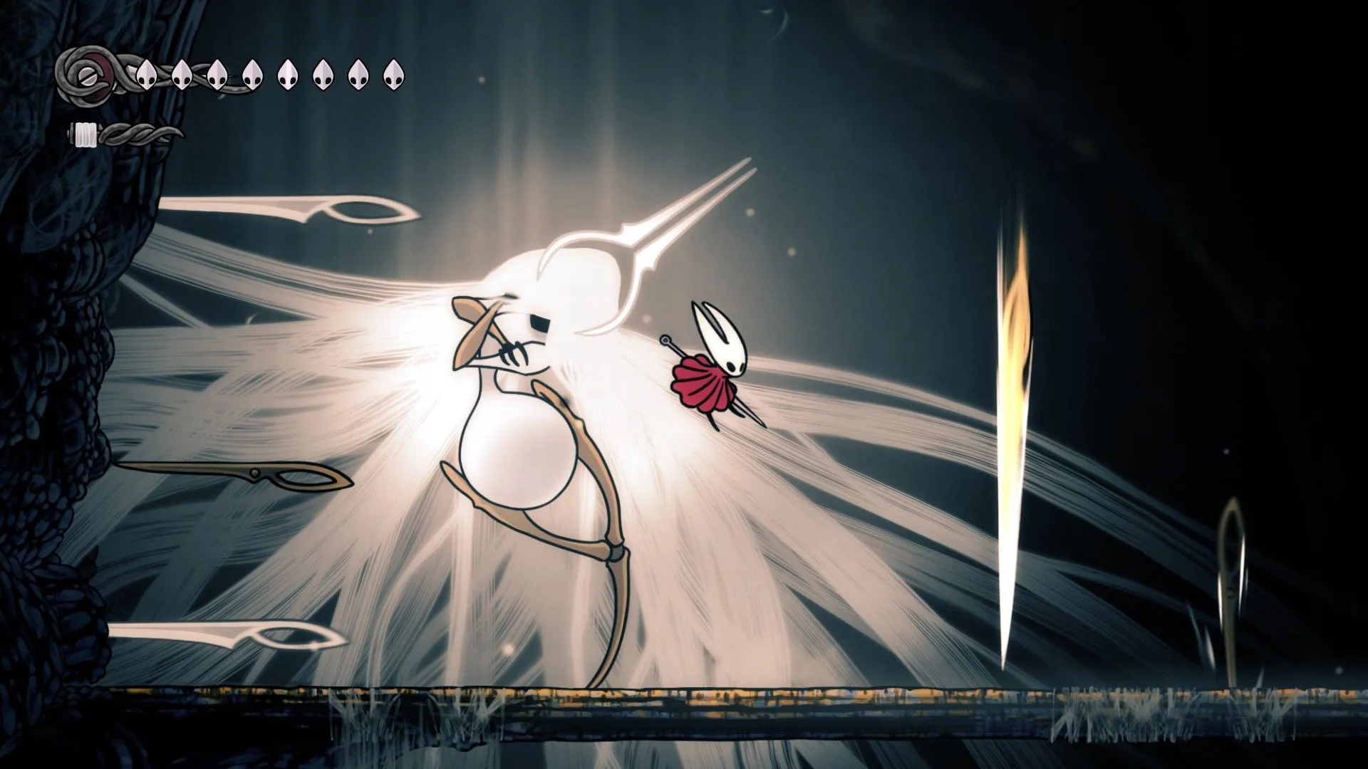 Hornet né tránh những đòn tấn công bằng kim của Grand Mother Silk trong trận chiến boss cuối cùng đầy thử thách khi bị nguyền rủa trong Silksong