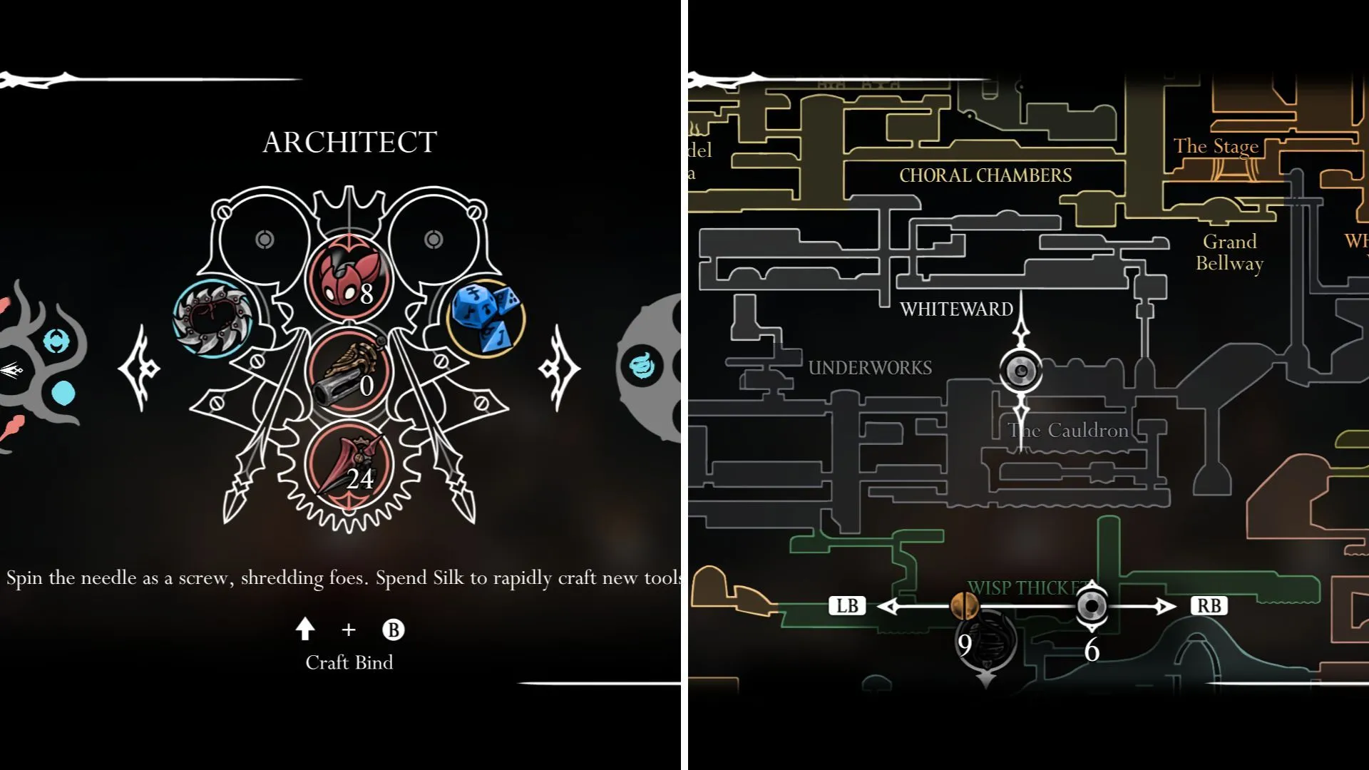 Hornet với Architect Crest, thể hiện khả năng triệu hồi công cụ và biến vũ khí thành mũi khoan trong Hollow Knight Silksong