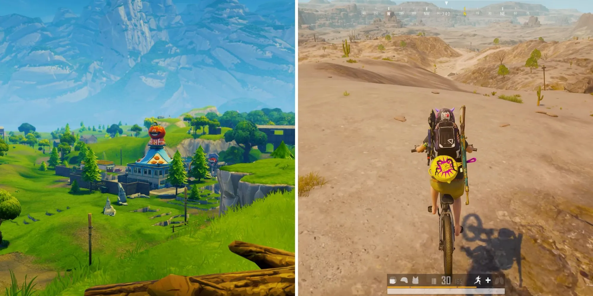 Khung cảnh đồ họa rực rỡ, đầy màu sắc của Fortnite với kiến trúc đặc trưng và hiệu ứng ánh sáng ấn tượng