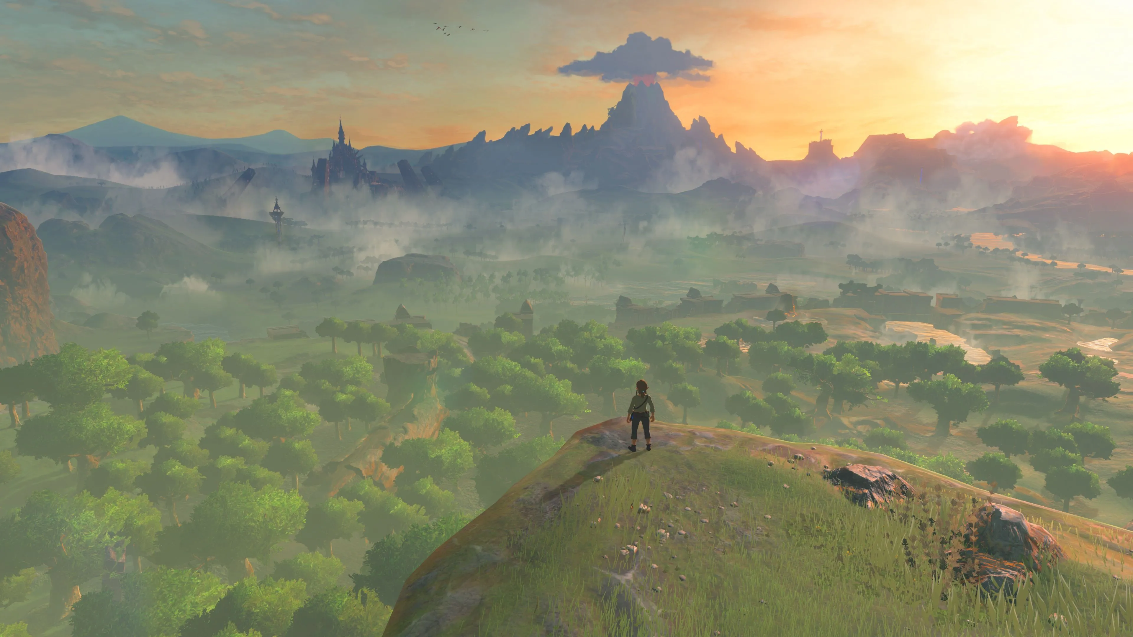 Link chiến đấu với quái vật và cảnh Hyrule u tối dưới ánh trăng trong The Legend of Zelda Breath of the Wild