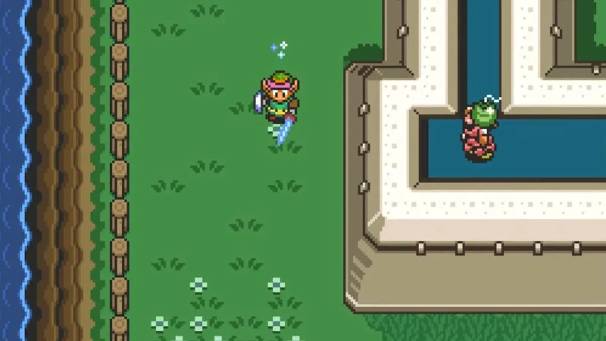 Link thực hiện động tác dash qua màn hình trong The Legend of Zelda: A Link to the Past, với phong cách 2D kinh điển