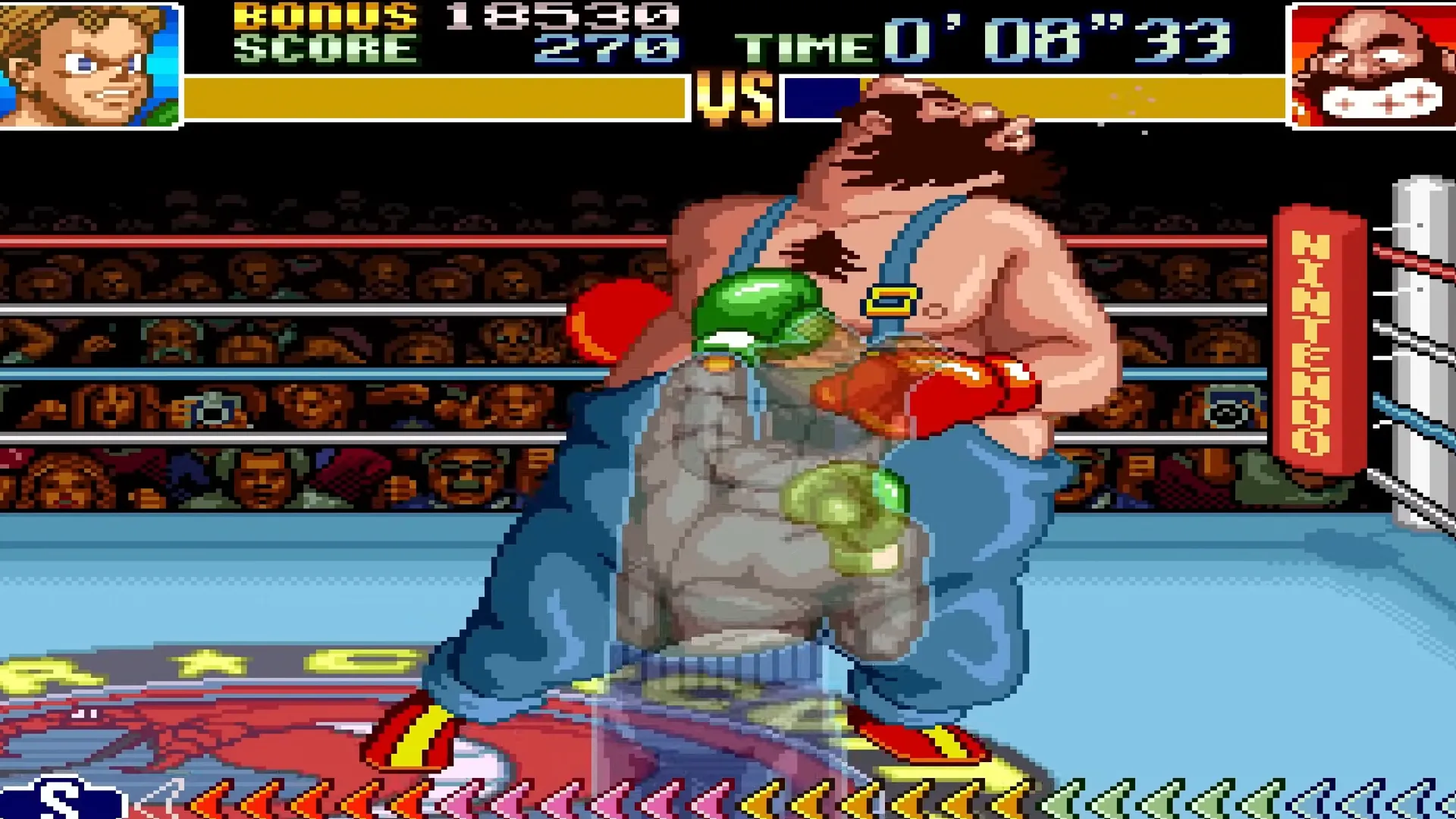 Little Mac né đòn và ra quyền vào đối thủ Bear Hugger trong Super Punch-Out!! trên SNES