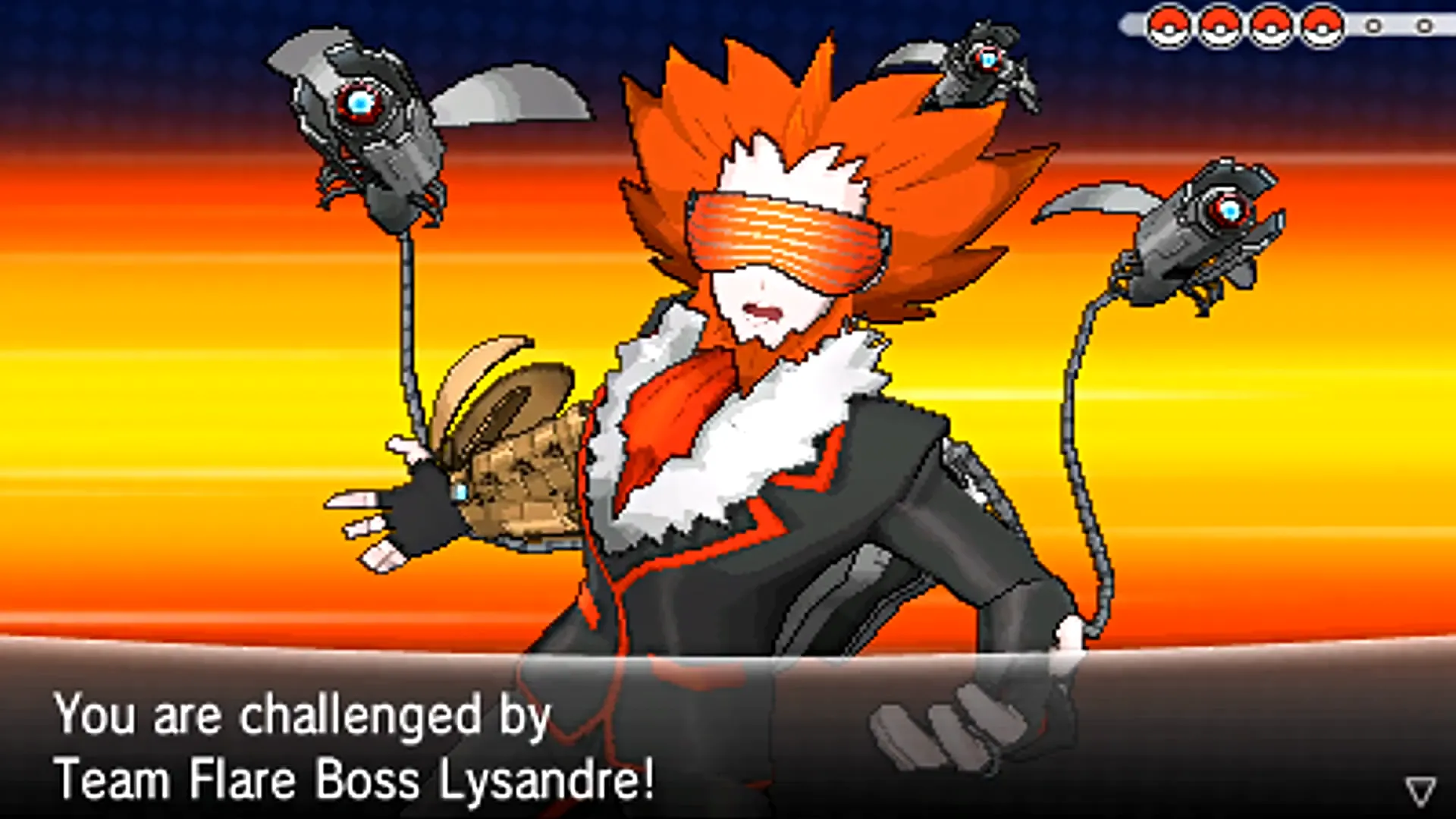 Lysandre, thủ lĩnh Team Flare, đứng sừng sững đối đầu với người chơi trong Pokémon XY