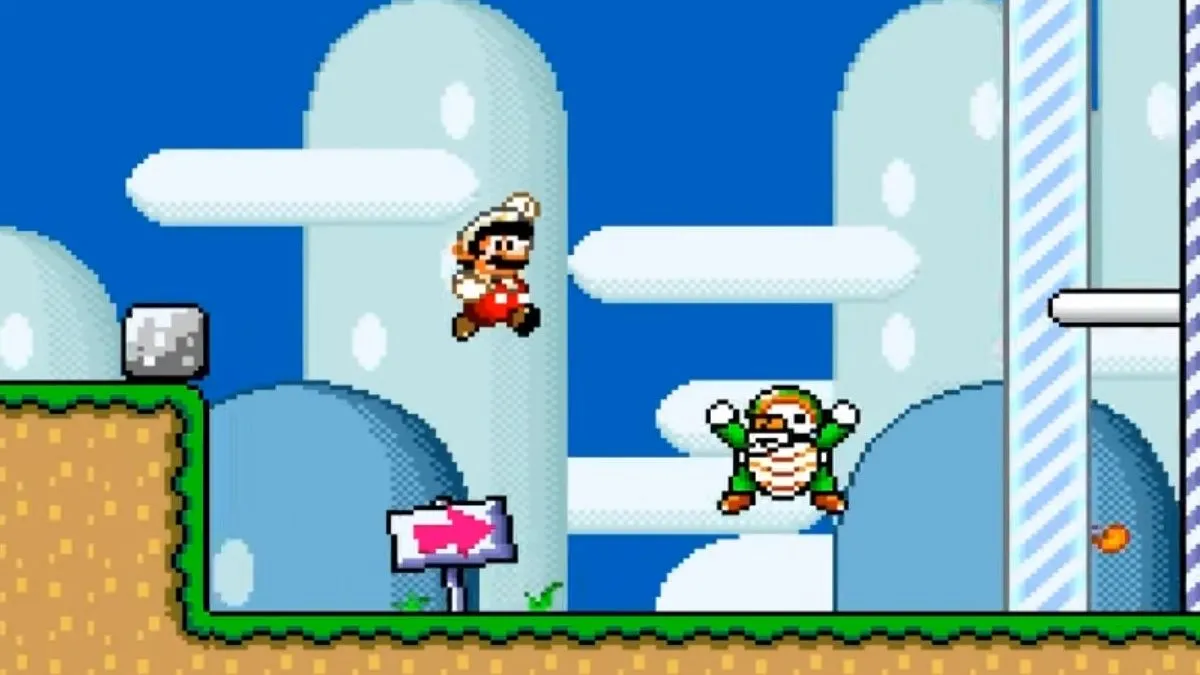 Mario cưỡi Yoshi, nhảy qua chướng ngại vật trong Super Mario World với phong cách đồ họa pixel đặc trưng