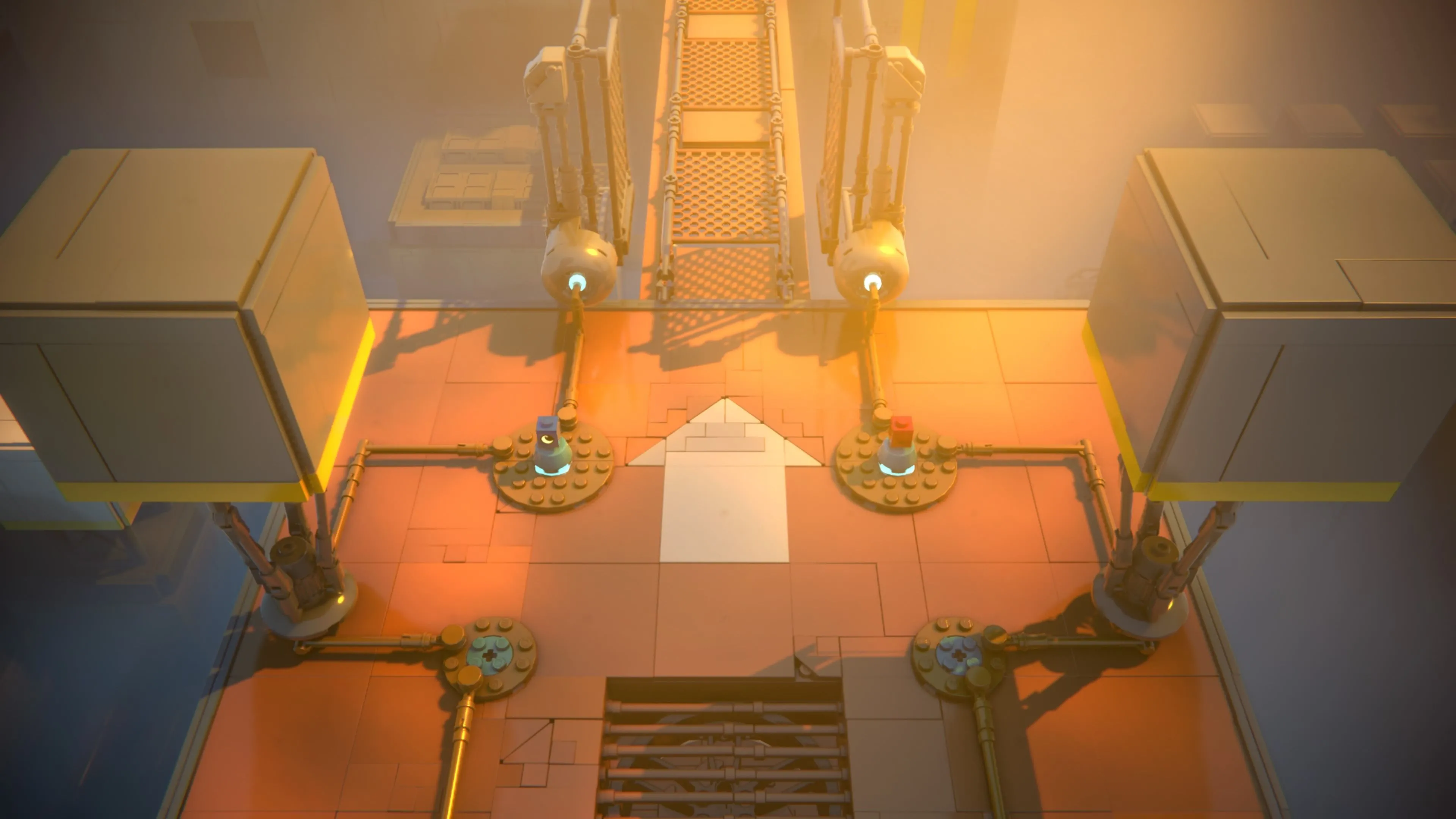 Một nhân vật LEGO Voyagers màu đỏ đang gắn chặt vào một khối gạch LEGO lớn, chuẩn bị xoay hoặc di chuyển nó để giải đố.