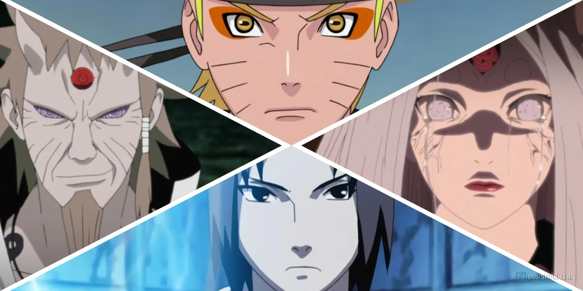 Naruto, Sasuke, Hagoromo và Kaguya trong một bức ảnh ghép, đại diện cho những nhân vật mạnh nhất vũ trụ Naruto.