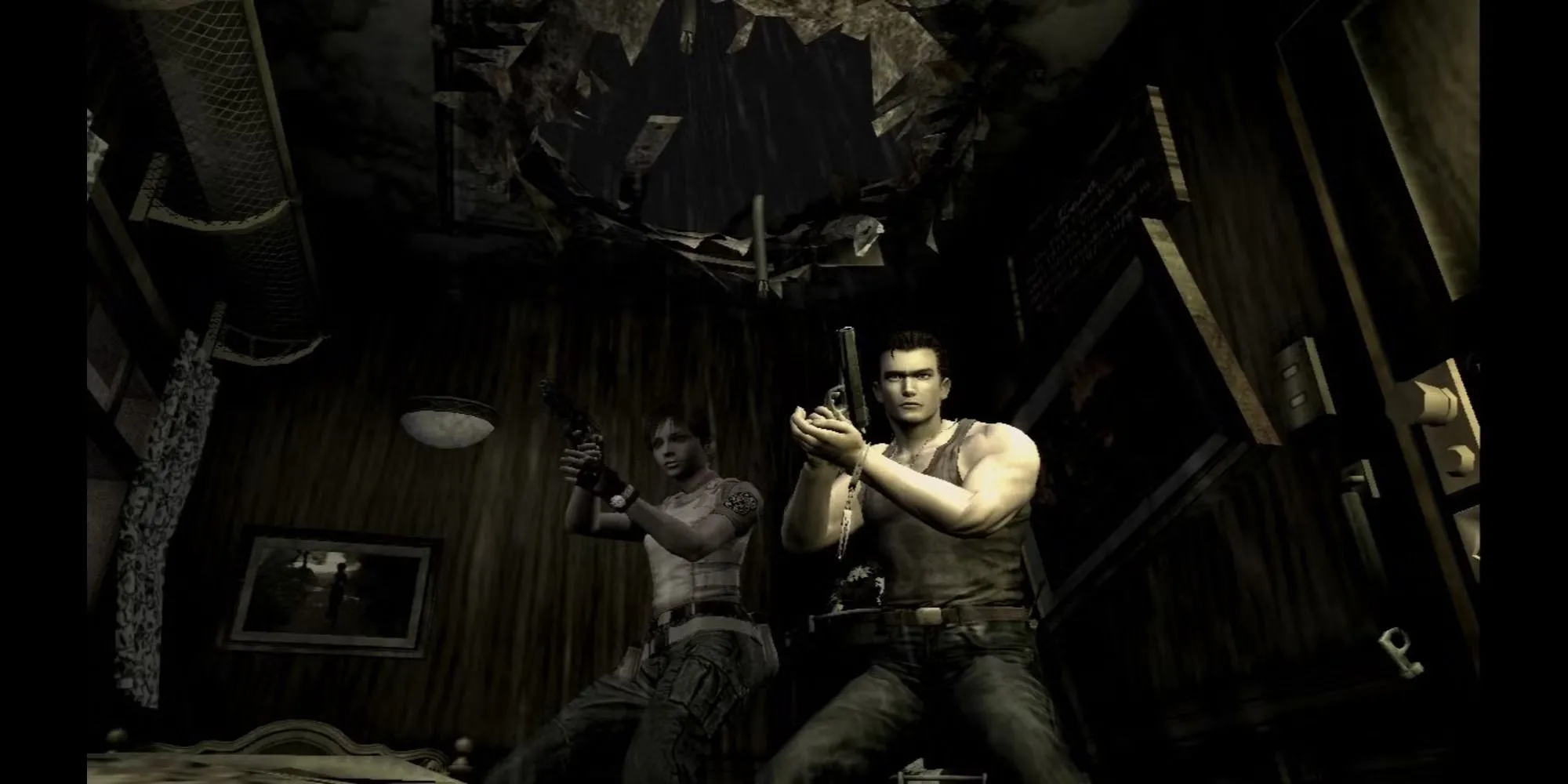 Nhân vật chiến đấu với zombie trong Resident Evil: The Umbrella Chronicles, đại diện cho thể loại bắn súng góc nhìn thứ nhất trên Wii trên Wii.