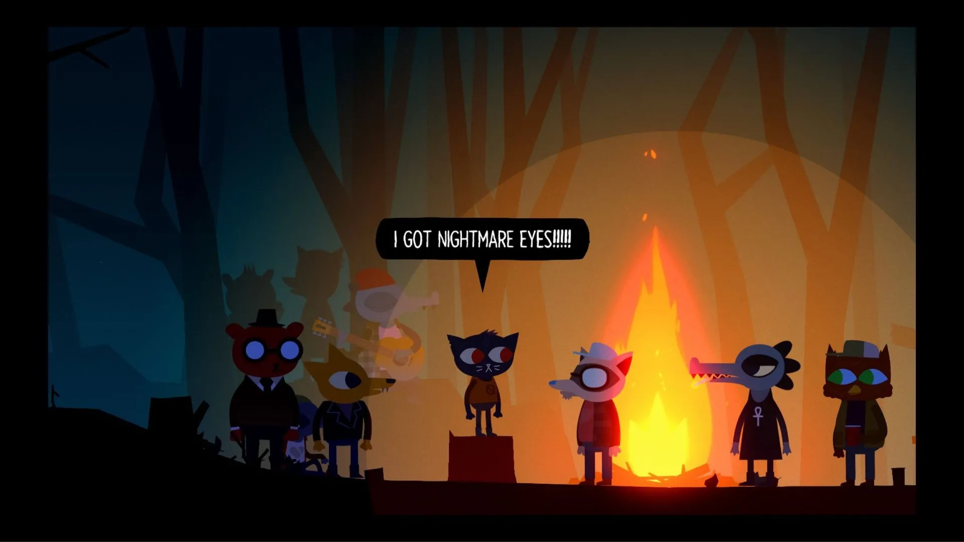 Nhân vật Mae và bạn bè của cô đứng trong khu rừng đêm, ánh đèn đường le lói trong Night in the Woods