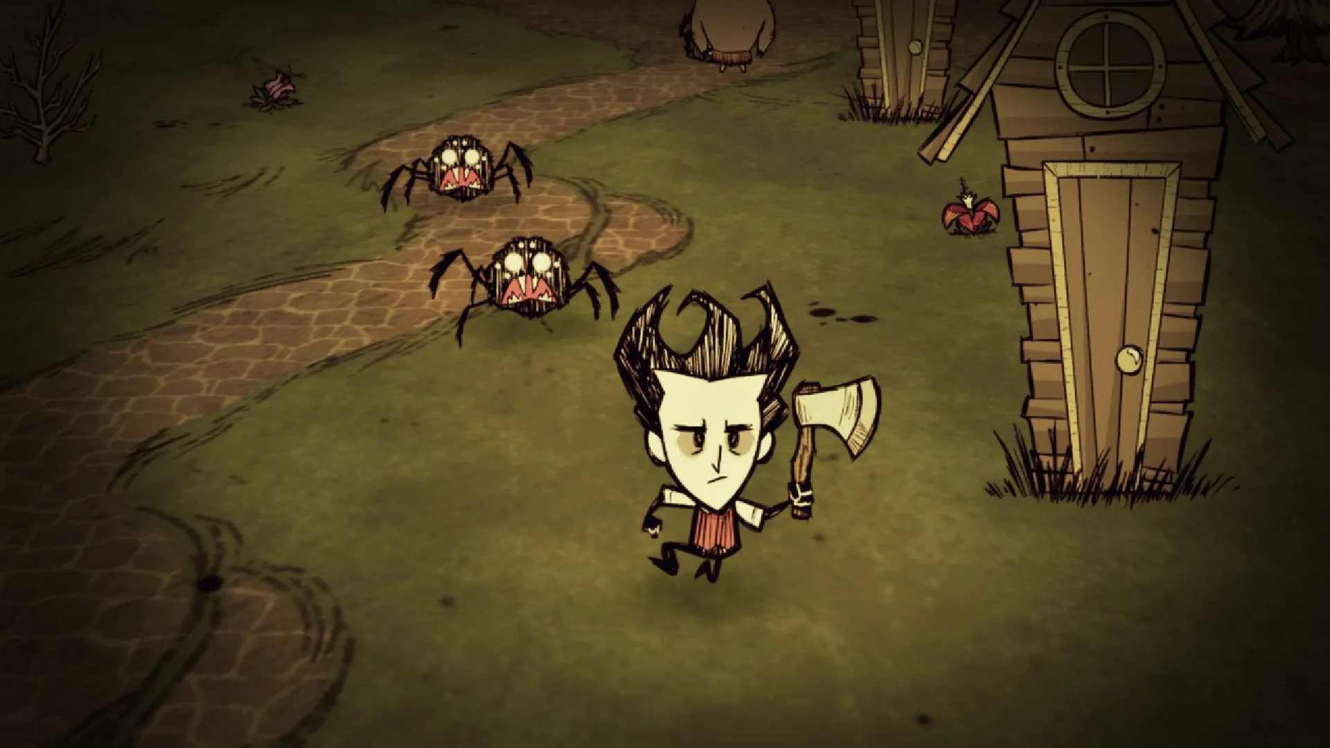 Nhân vật trong Don't Starve đang đứng cạnh lửa trại trong đêm tối, bao quanh là bóng tối và những hình thù đáng sợ