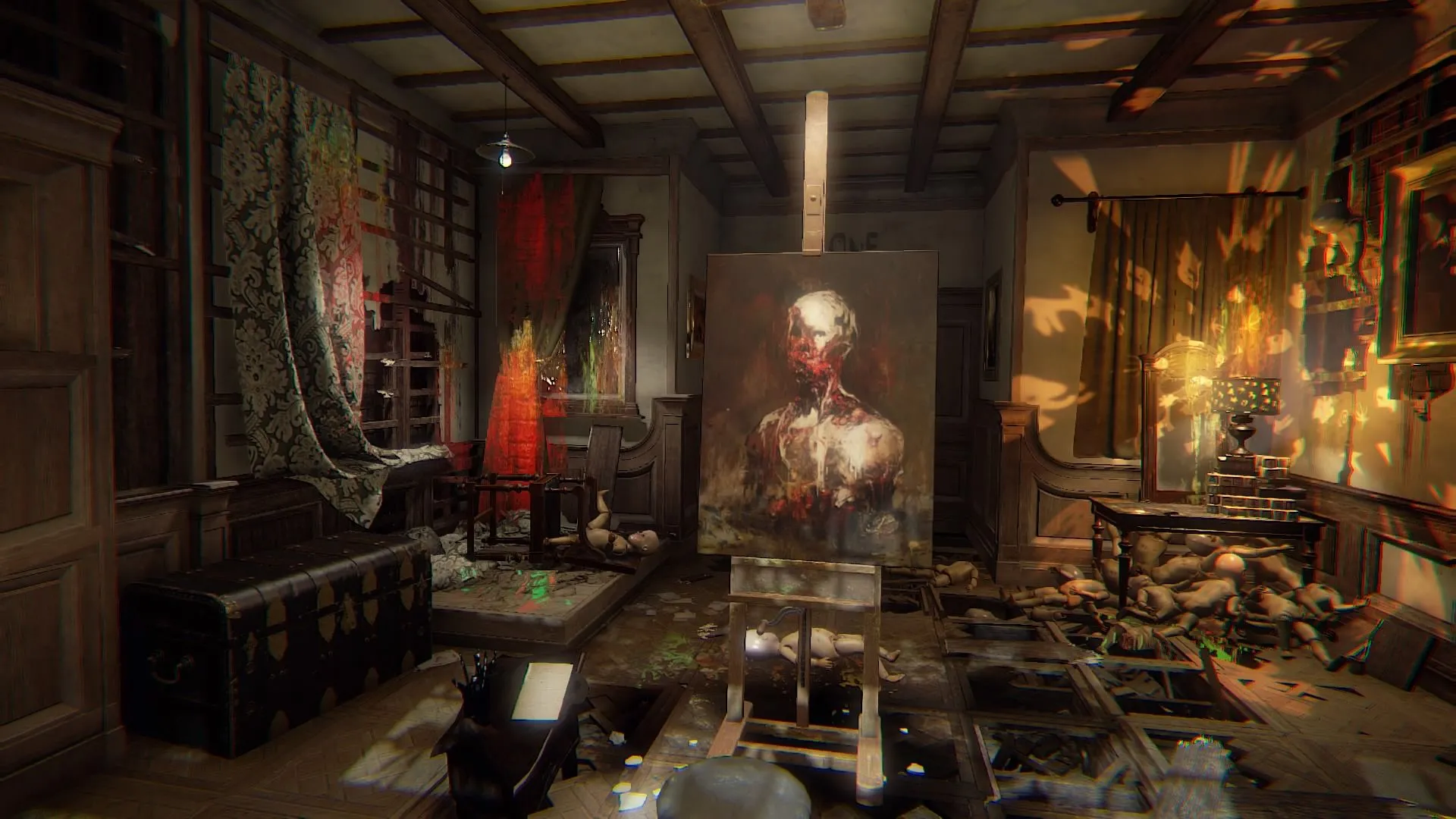 Nội thất cũ kỹ trong Layers of Fear với những bức tranh trừu tượng đáng sợ và khung cảnh u ám, phản ánh tâm trạng của họa sĩ