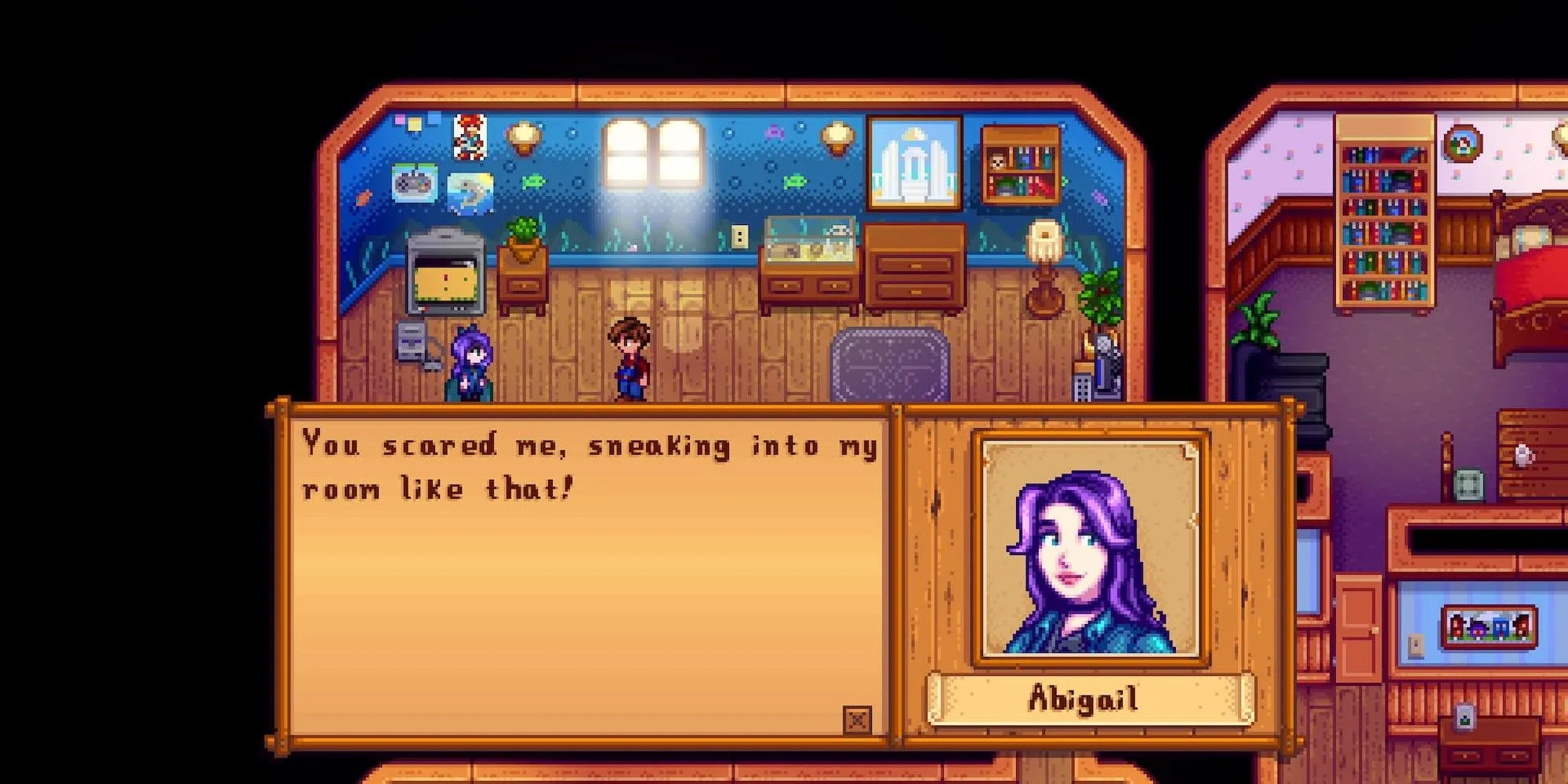 Nông dân đang trò chuyện cùng Abigail tại Thị trấn Pelican trong Stardew Valley