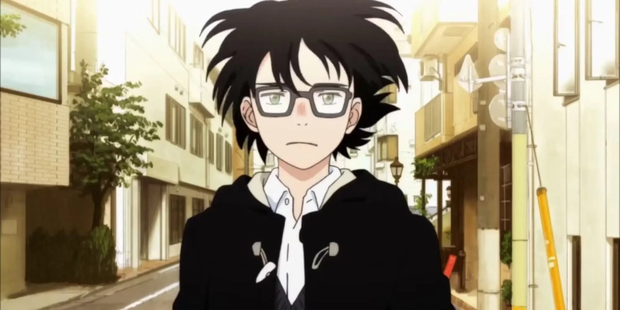 Rei Kiriyama trầm tư ngồi bên bàn cờ Shogi, ánh mắt chất chứa nỗi cô đơn và suy tư