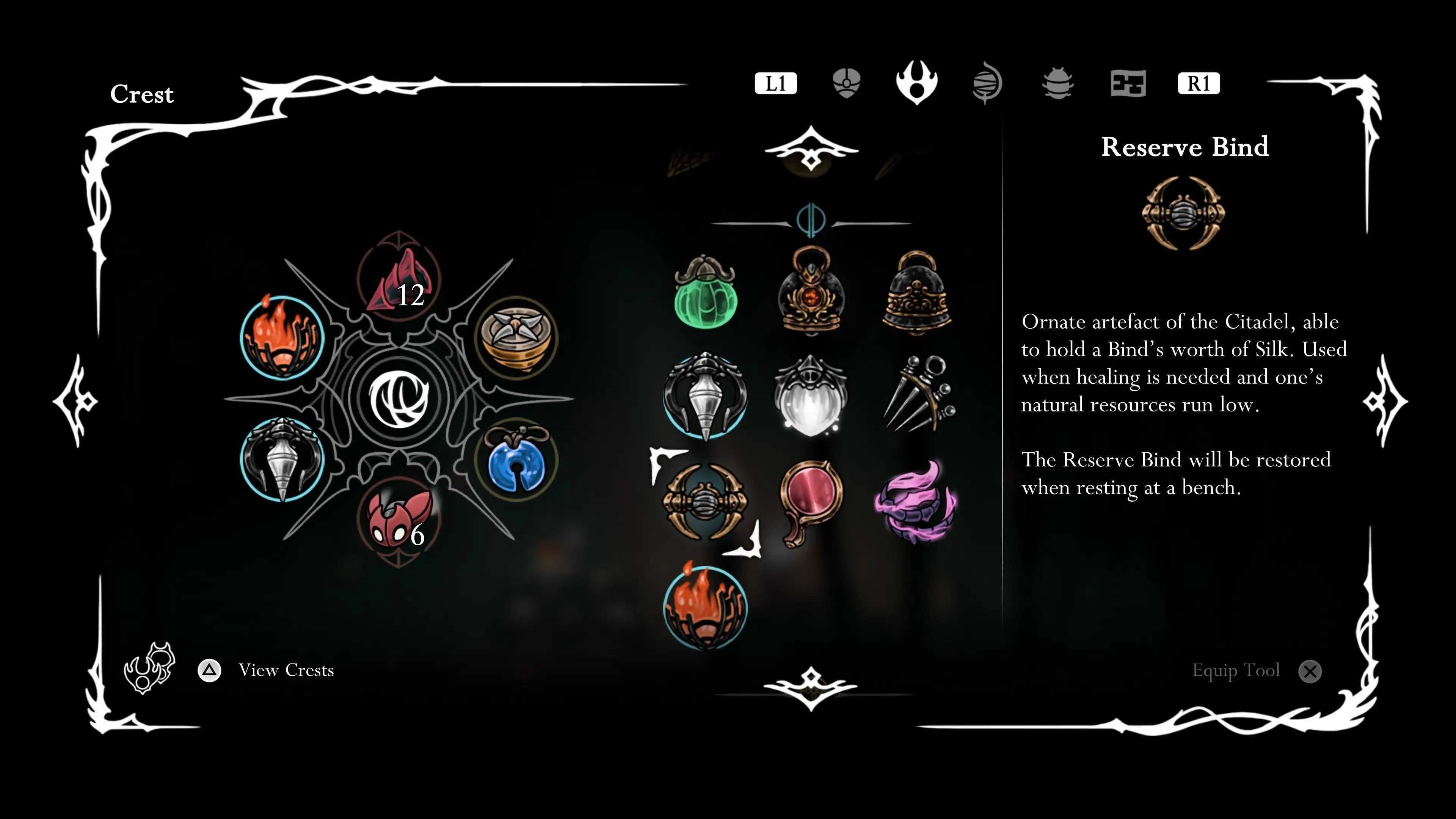 Reserve Bind, một công cụ màu xanh quý giá trong Hollow Knight Silksong, biểu tượng cho khả năng dự trữ Silk để hồi máu trong những trận chiến cam go.