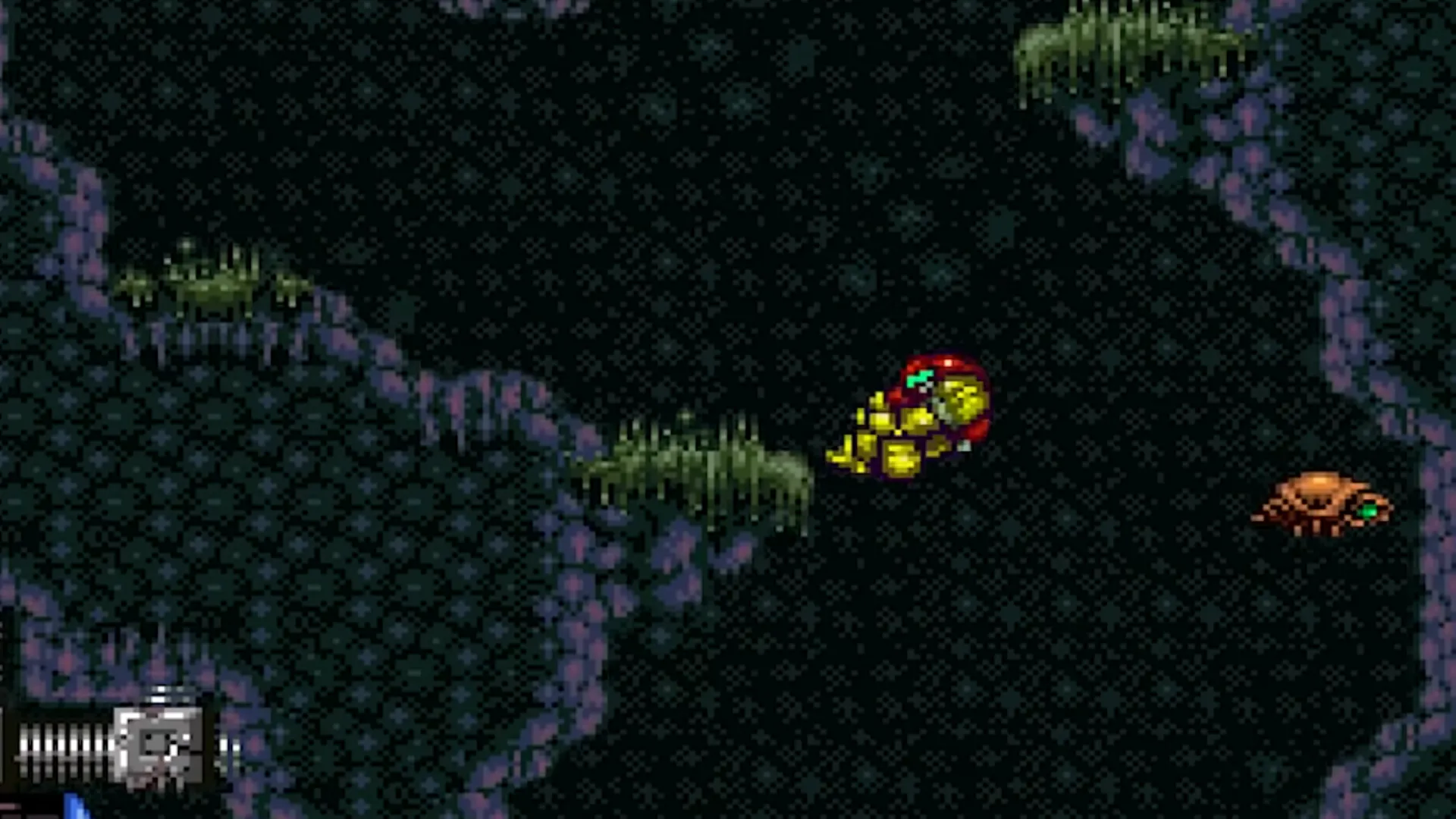 Samus Aran trong bộ giáp quen thuộc, di chuyển trong một khu vực tối tăm đầy bí ẩn của Super Metroid