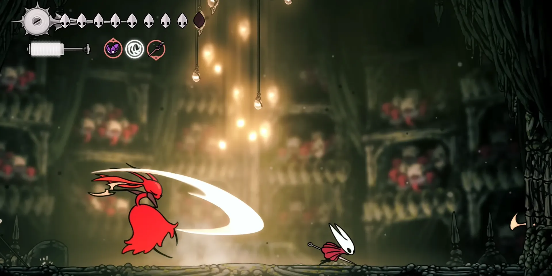 Skarrsinger Karmelita, boss khó nhất và tuyệt vời nhất Hollow Knight Silksong, đang tung đòn tại Far Fields, khẳng định đẳng cấp của Team Cherry.