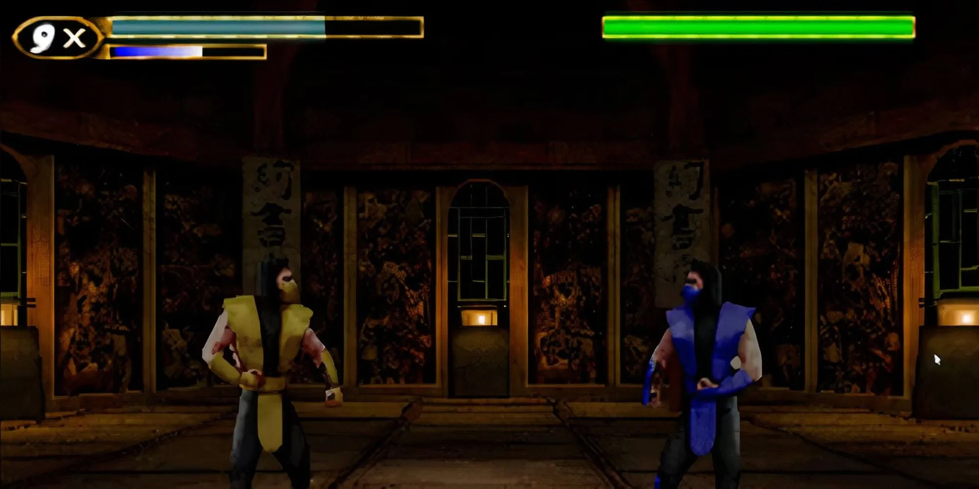 Sub-Zero thi triển đòn đánh trong Mortal Kombat Mythologies: Sub-Zero, thể hiện lối chơi đi cảnh beat 'em up khác biệt.
