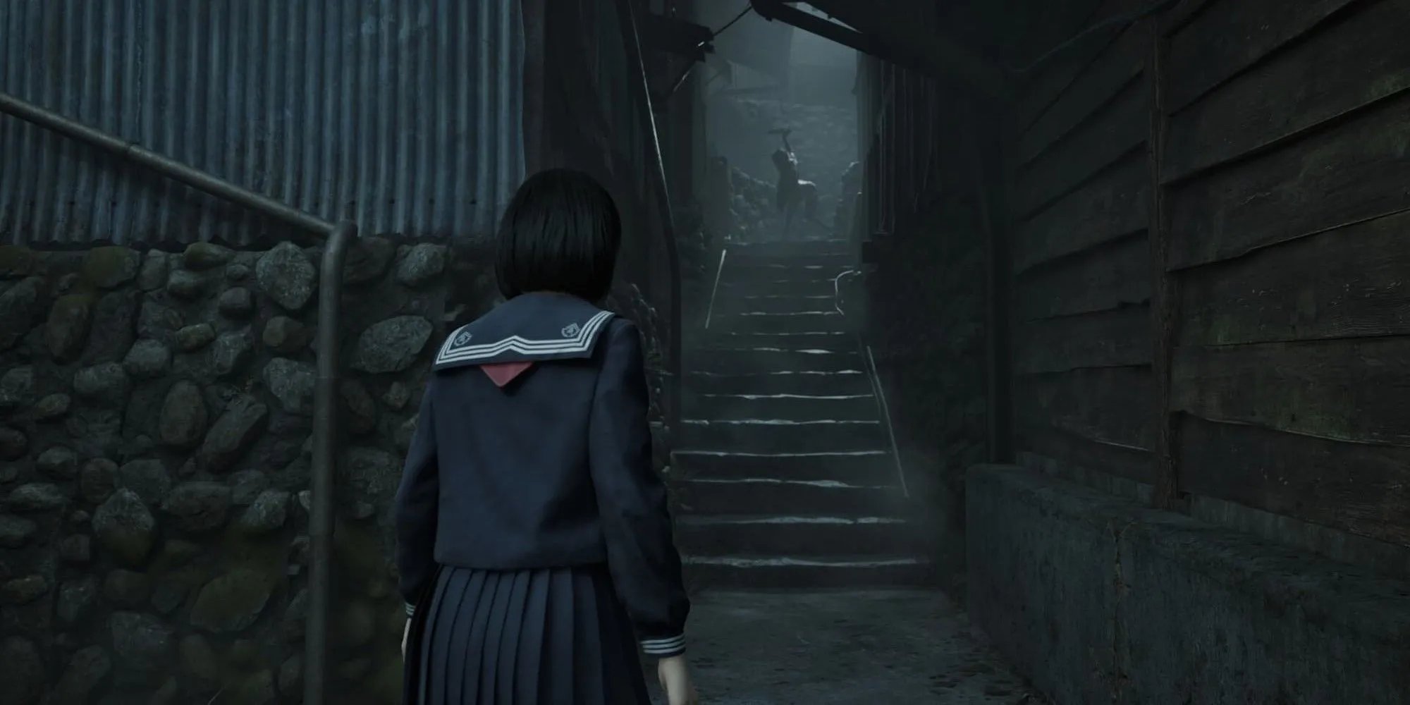 Thiếu nữ Nhật Bản nhìn về phía quái vật hoa hồng rùng rợn trong Silent Hill f