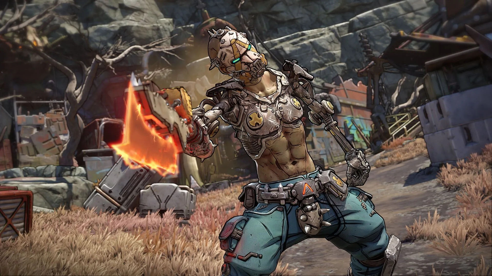 Vault Hunter Harlowe hoặc Amon chiến đấu với kẻ địch trong một khu vực sa mạc của Borderlands 4.