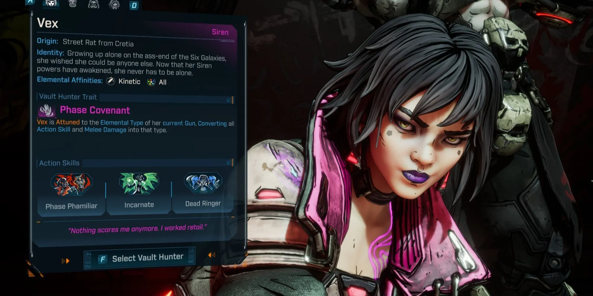 Vault Hunter Rafa trong bộ exosuit chiến đấu của mình, thể hiện phong cách của một cựu binh Tediore đầy bản lĩnh trong Borderlands 4.